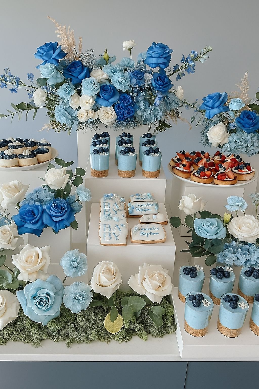 Elegant blue-themed baby shower with beautifully styled catering and decor by House of Chandel