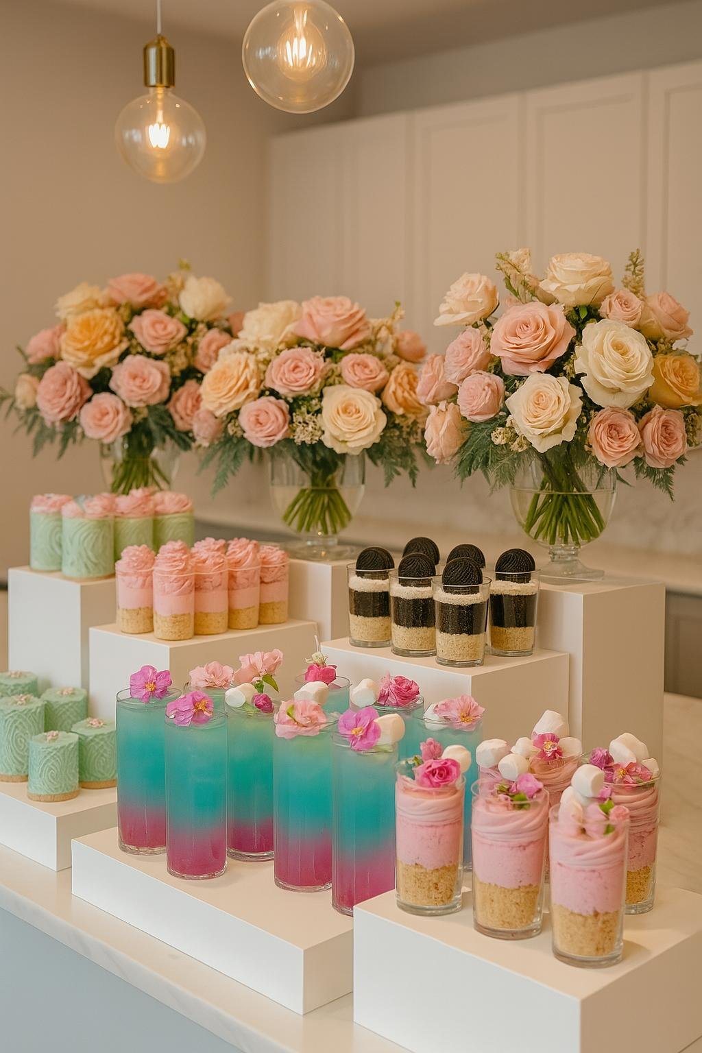 Elegantly styled pastel celebration display with curated food and floral arrangements by House of Chandel
